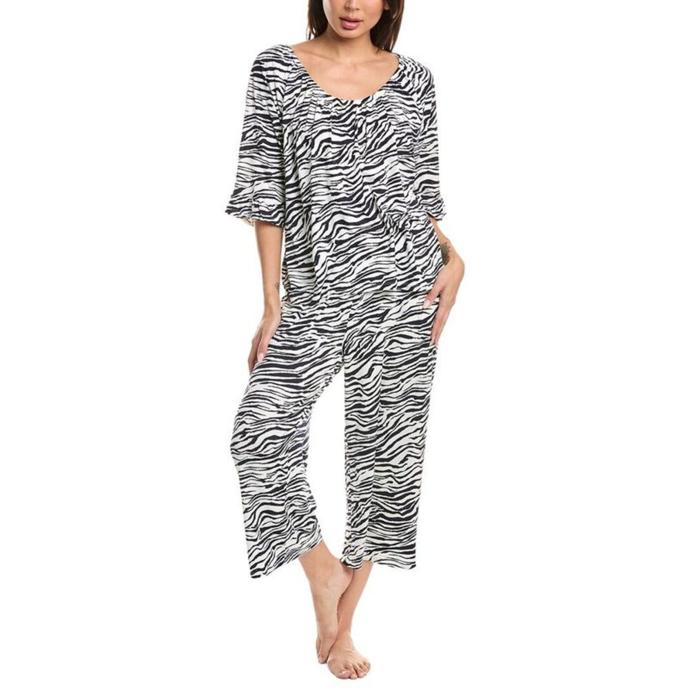 Ellen Tracy Womens 2Pc Off-The-Shoulder Top & Wide Leg Pajama Set, Navy